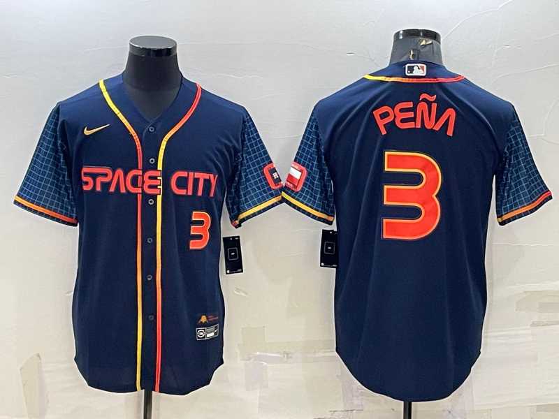 Mens Houston Astros #3 Jeremy Pena Number 2022 Navy Blue City Connect Cool Base Stitched Jersey